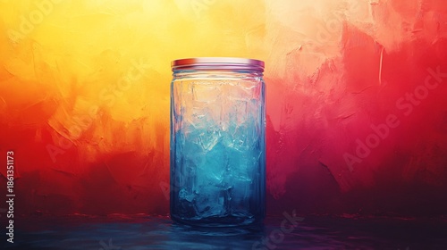 An artistic representation of a cooling system with vibrant colors. A glass container filled with blue ice is depicted against a textured yellow, orange, and red background