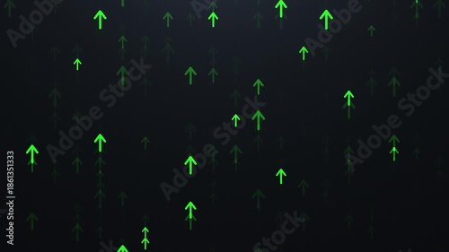 Animated glowing green arrows moving upward against a black background. A futuristic digital animation symbolizing growth, progress, success, and financial advancement. Ideal for business and technolo