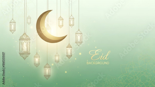 Eid mubarak greeting card with crescent moon and lanterns on green background with festive lights and decorations