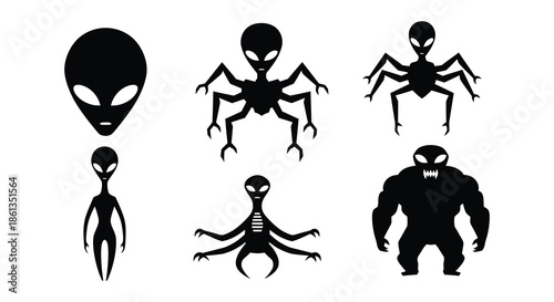 A collection of stylized black silhouette alien figures in various poses