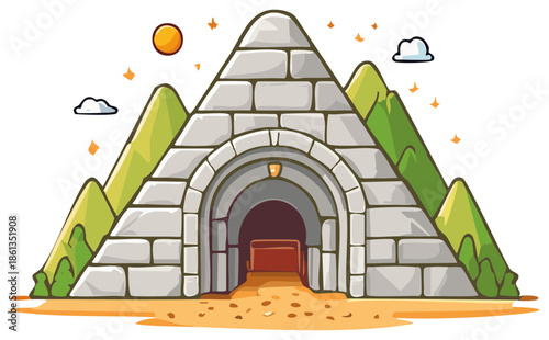 Cartoon illustration of a stone arch entrance to a mountain mine with a mine cart inside