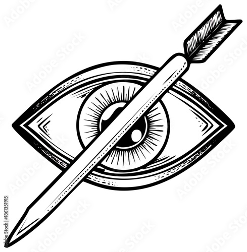 Monochrome eye pierced by arrow, conceptual representation of vision impairment or symbolism of targeted focus and clarity.