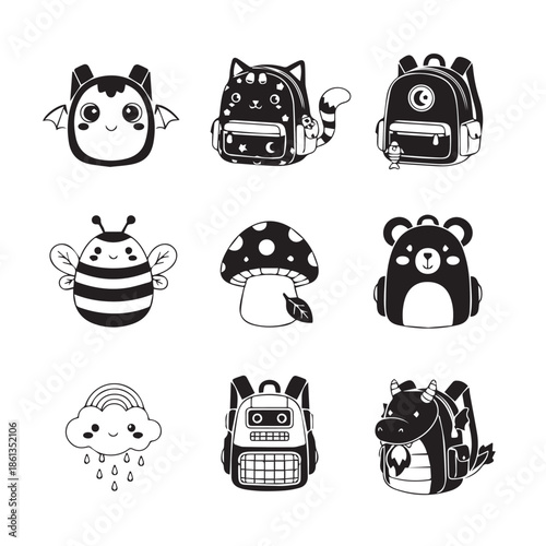 Cute cartoon animals and fantasy creatures with backpacks