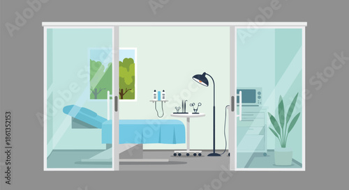 Modern clinic examination room with advanced medical equipment and serene natural view