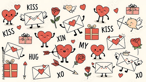 Whimsical Valentine's Day doodle art hearts, envelopes, and charming love symbols collection