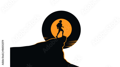 Silhouette of a Hiker on a Mountain Peak at Sunset.
