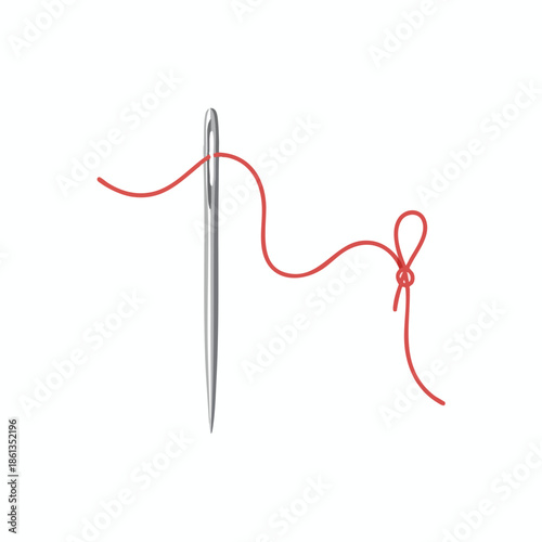 A metallic needle pierced by a red thread with a knot tied on the end