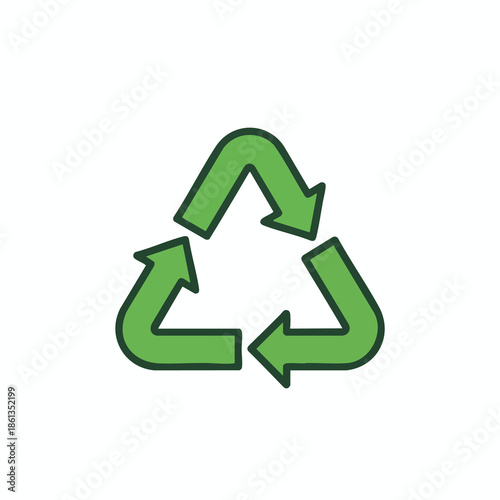 Green and black triangular recycling symbol on white background