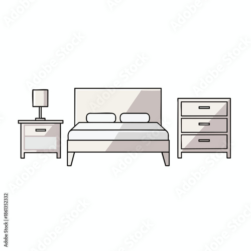 Simple line-art of bedroom furniture bed with pillows, nightstand with lamp, dresser