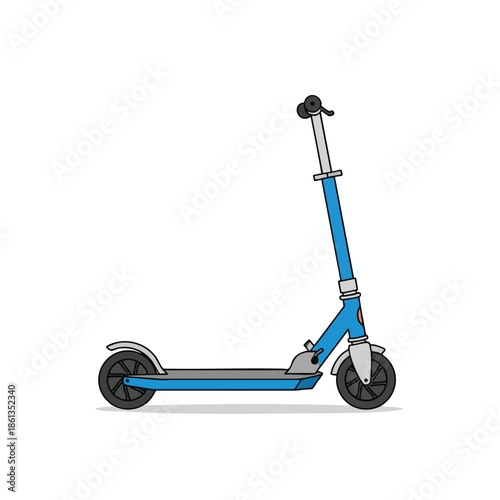 An illustrated blue kick scooter, wheels visible, set on a white background