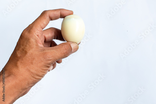 Round boiled egg in hand