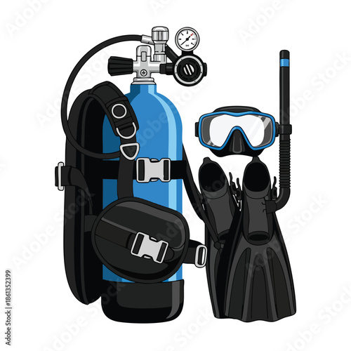Illustration featuring a scuba diving set, including tank, mask, flippers, and snorkel