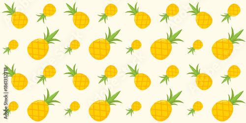 Vibrant seamless pattern with pineapple in flat cartoon style on light yellow background. Repeated fruits pattern  for decorations, wrapping papper, cooking and nature themes. Vector illustration. 