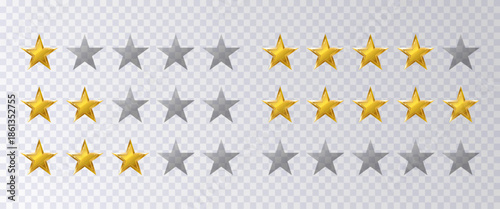 Golden five star rating icon collection isolated on transparent background. Shiny golden yellow and transparent grey stars. Stars for  feedbacks, reviews,services and products. Vector illustration. 