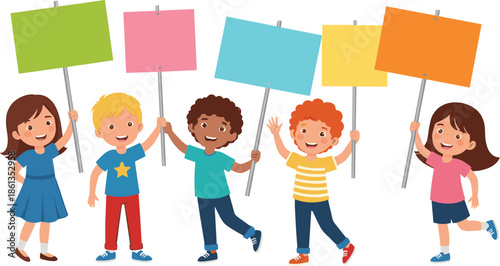 Happy Children Holding Blank Protest Signs Together Cartoon Vector Illustration For Communication And Expression Concept