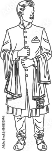 Line art drawing depicts a distinguished Indian gentleman standing formally in traditional regal attire with a draped shawl accessory.
