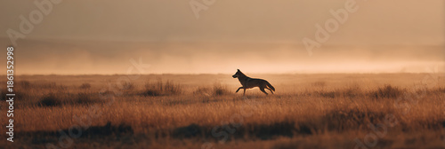 Running Coyote in a Misty Plain: A lone coyote, silhouetted against the morning mist, sprints across a vast, golden plain, embodying the raw essence of wildlife.