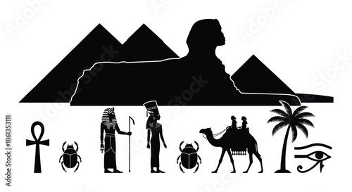 Ancient egyptian silhouettes depicting pyramids sphinx pharaohs and iconic symbols