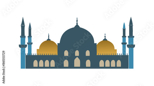 Vector icon of a mosque silhouette with dome and minarets, geometric islamic architecture, flat style