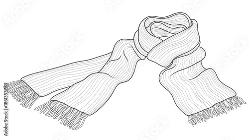 Black and white line art illustration depicting a stylishly tied woolen winter scarf with fringed ends isolated on white background