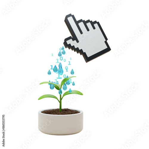 Digital Growth Nurturing 3D Render of Cursor Watering Plant with Binary Data