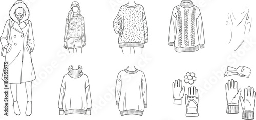 Collection of black and white fashion line art illustrations showcasing various types of warm winter clothing and essential cold weather accessories for women