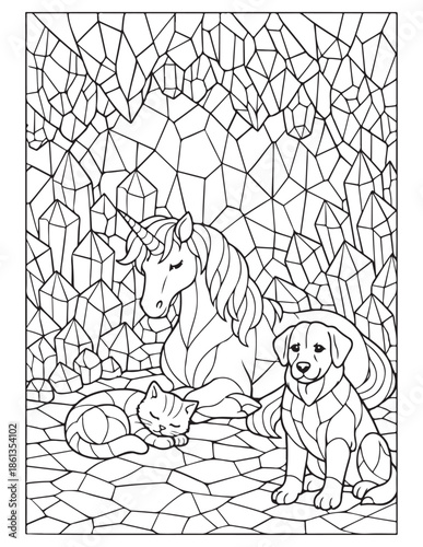 A mystical crystal cavern with a unicorn, a sleeping cat, and a loyal dog