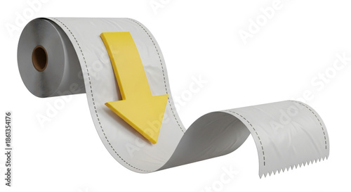 3D Render of a Downward Trend Arrow on a Toilet Paper Roll