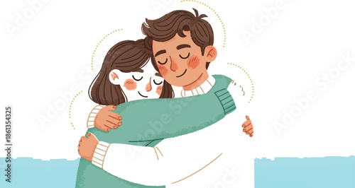 Loving couple sharing a warm embrace illustration against a soft pastel background gradient