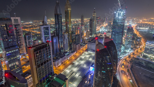 Skyline of the buildings of Sheikh Zayed Road and DIFC aerial night timelapse...