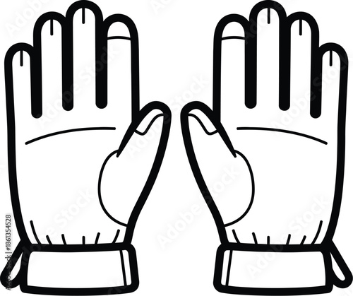 Simple black and white line art icon representing a pair of protective gloves or mittens for cold weather activities