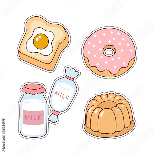 sweet food stickers, donuts, egg bread and pudding