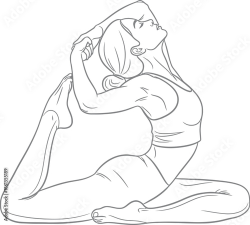 Minimalist black and white outline drawing of a woman performing the yoga king pigeon pose variation