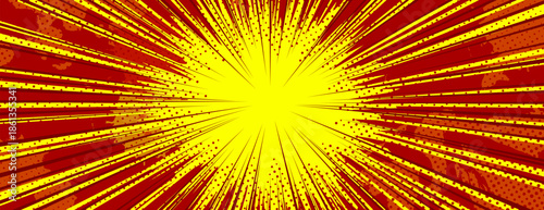 Anime explosion background with dynamic radial burst lines and halftone dots. Comic book style speed effect with bright yellow center and red rays - energetic motion pattern for manga action scenes.