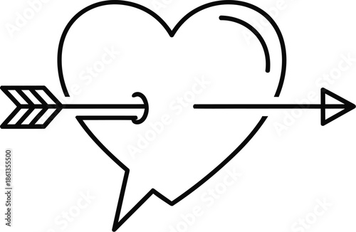 Minimalist line art icon of an arrow piercing through a heart shaped speech bubble symbolizing communication love