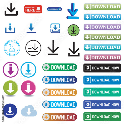 Collection of colorful download buttons and icons in various styles displayed