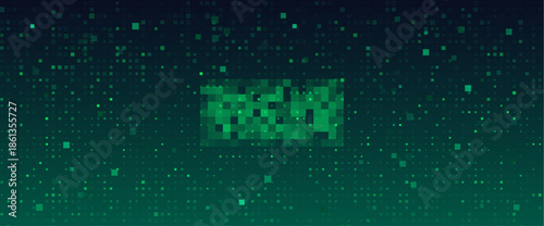 Pixel art background with green gradient texture - digital bitmap pattern with scattered squares and glitch effect. Retro 8 bit screen with dithered mosaic and arcade style LED panel aesthetic.