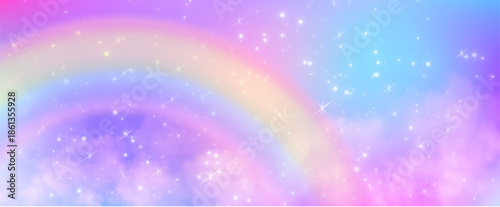 Unicorn rainbow background with sparkling bokeh lights and gradient. Watercolor sky with glittering stars. Dreamy princess backdrop with kawaii magic sparkles and soft fairy tale atmosphere.