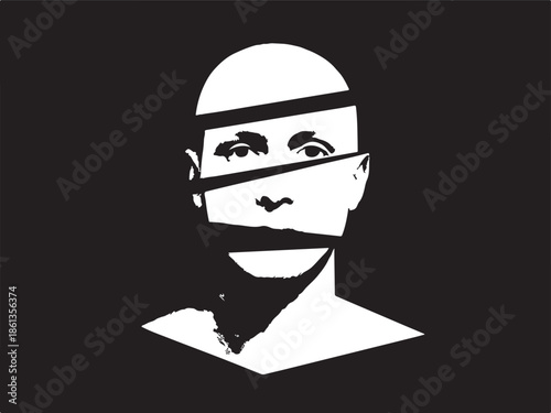 Censored person with taped mouth and eyes