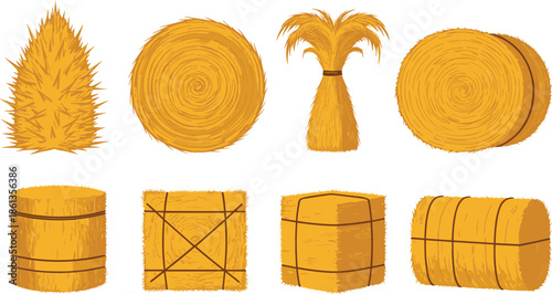 Hay Bale And Straw Bundle Collection Set Isolated Cartoon Vector Illustration For Farm Agriculture Concept