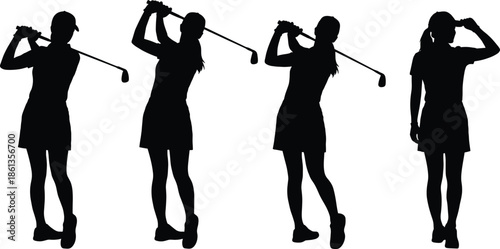 Female golf swing silhouette sequence, sports vector illustration, black golfer poses, athletic motion, golf club action, dynamic stance, outdoor activity, swing mechanics