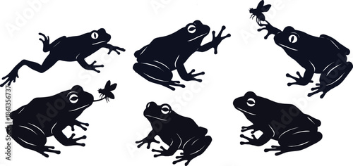 Frog silhouette vector set, black amphibian icons, jumping, sitting, fly-catching frog poses, wildlife illustration, nature graphic, editable design elements, animal shapes for art