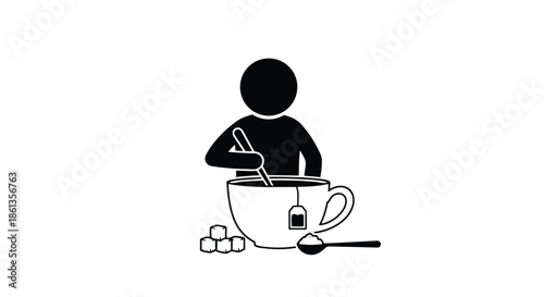 Stick figure preparing a hot beverage, stirring a teacup with a tea bag, sugar cubes, and a sugar spoon
