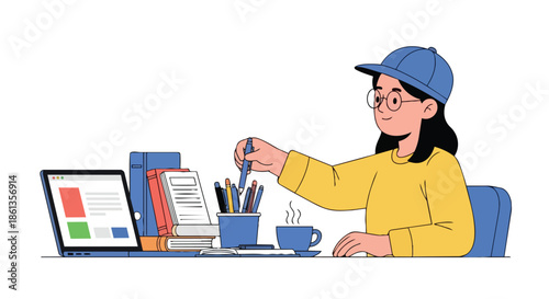 Focused student immersed in deep learning session with digital resources and traditional books, ready to write and synthesize ideas for academic