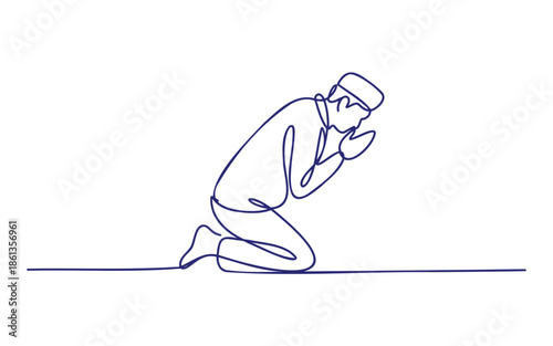 A continuous line drawing shows a Muslim man kneeling in prayer with deep devotion.