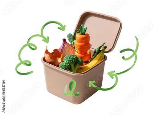 3D Rendered Eco-Friendly Food Container with Fresh Produce and Recycling Graphics