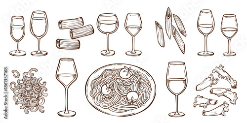 Doodle pasta and wine glasses set isolated on white. Vector illustration of hand drawn traditional Italian food icons, line art cocktail glasses and different sorts of macaroni, restaurant menu design