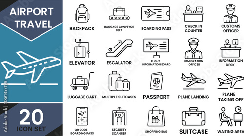 Airport travel vector line art icons: 20 symbols covering aviation, luggage, and passenger services, displayed on a blue and white background.