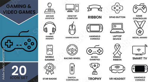 A comprehensive collection of 20 vector line art icons illustrating various gaming and video game concepts, presented on a segmented blue and…