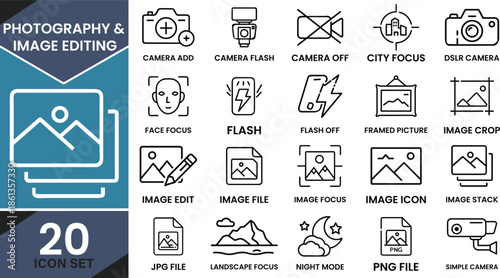 Outline vector icon set featuring 20 symbols for photography, image editing, and camera functions on a split blue and white background
